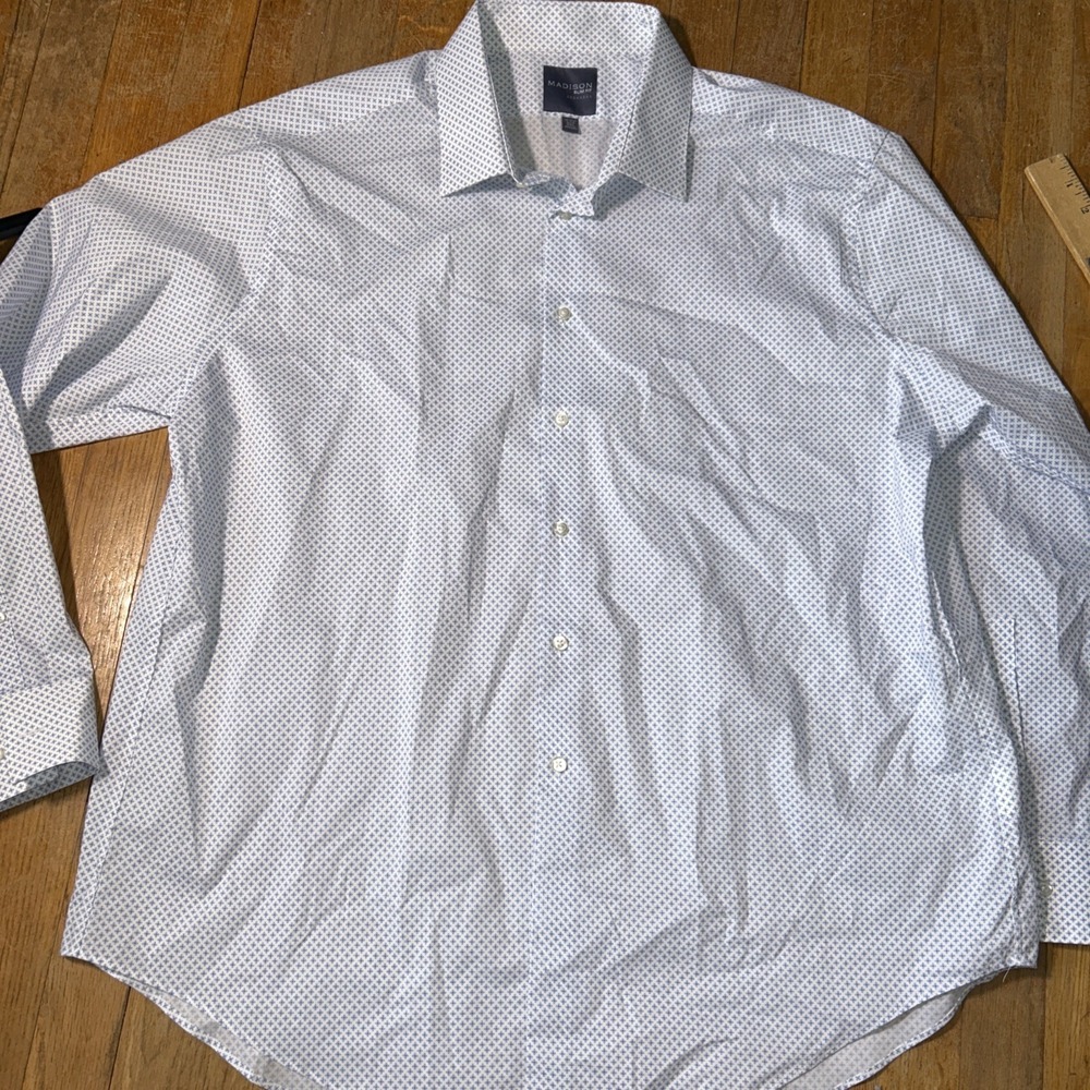 Madison Slim Fit Mens XXL Dress Shirt Blue Geometric Micro Print Long Sleeve‎